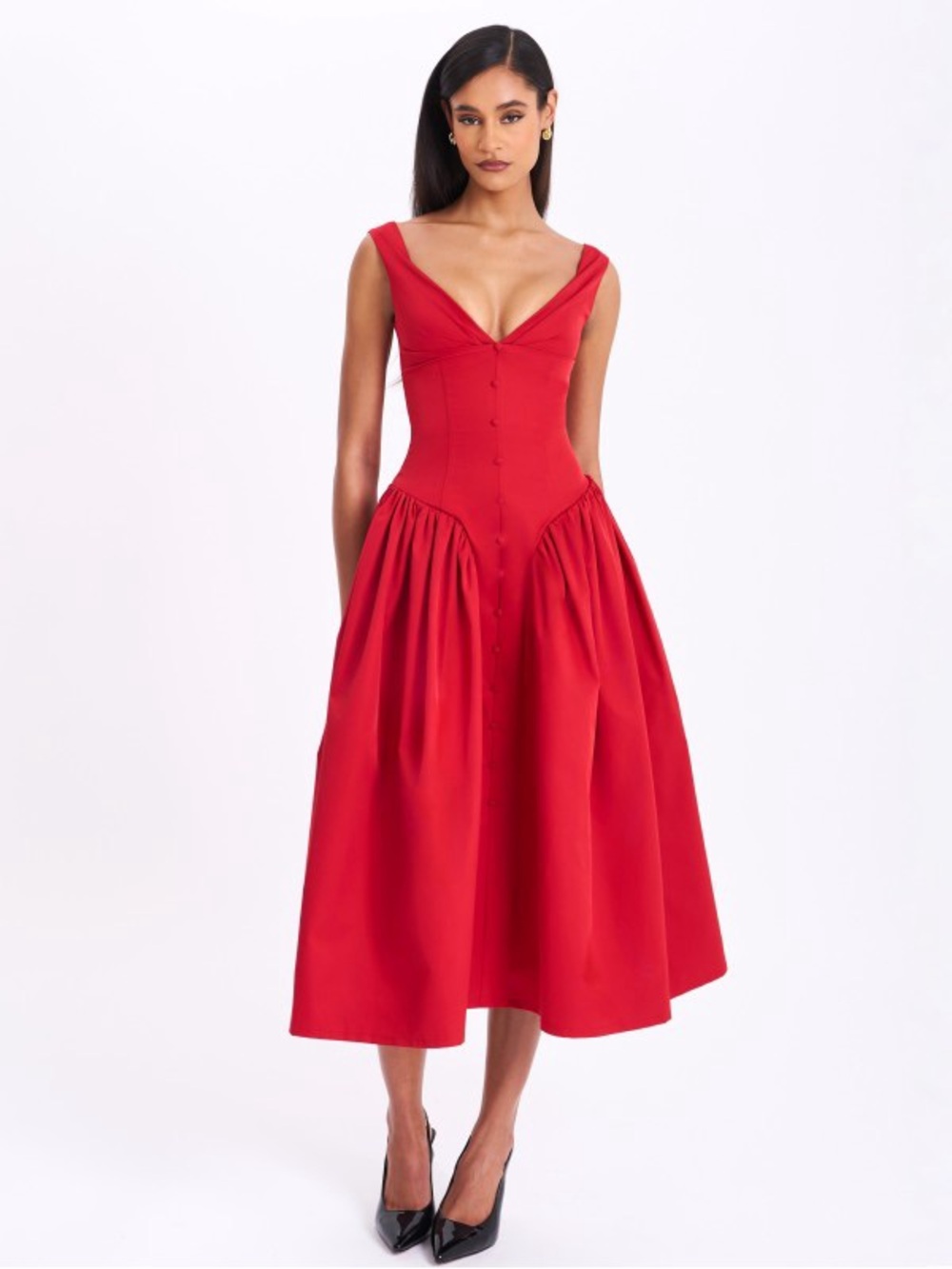 NAHLA RED DROP WAIST MIDI DRESS WITH buttons